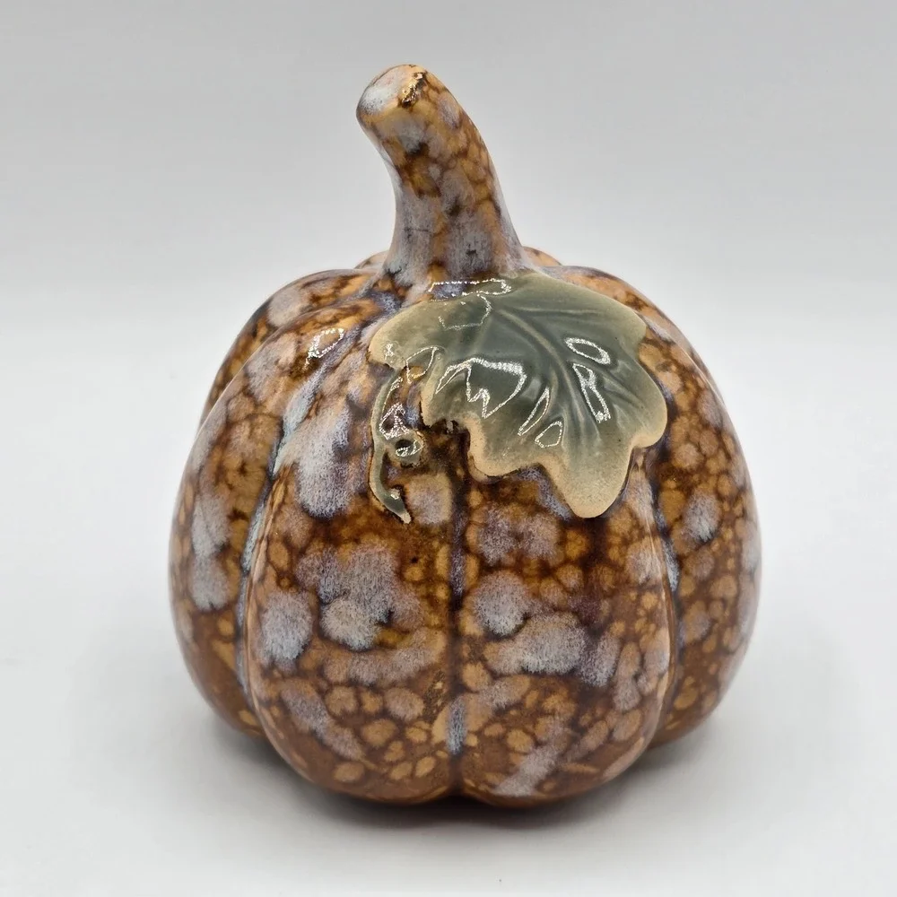 Speckled Ceramic Pumpkin With Leaf For Your Fall Or Halloween Decor 4.25